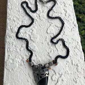 Chico's Black Bead Necklace with Silver-Tone Pendant and Brown Accent Beads